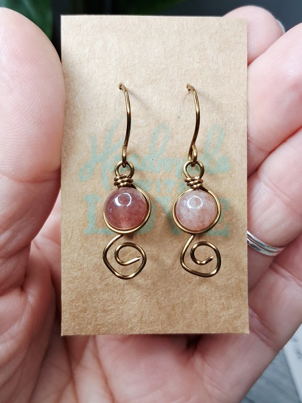Strawberry Quartz Gemstone Earrings In Bronze